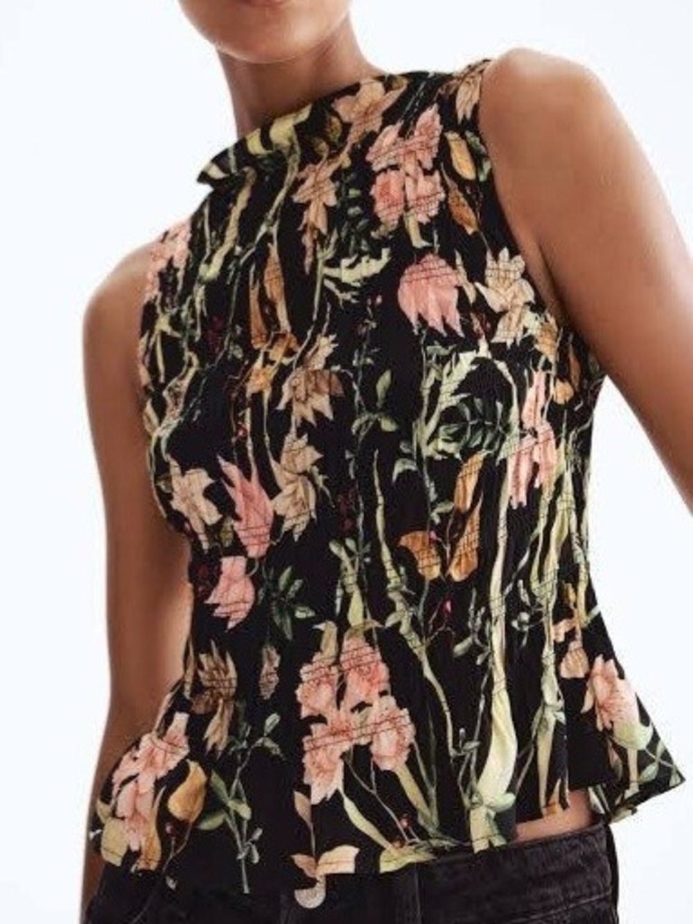 Like New Black Smocked Peplum Sleeveless Top, Pink, Green, Peach Floral, XL, 14